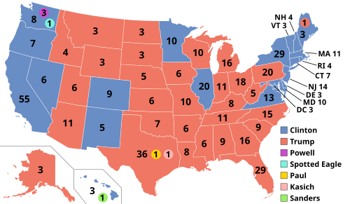 Electoral college results of the 2016 presidential election; Trump won a majority of 304 votes