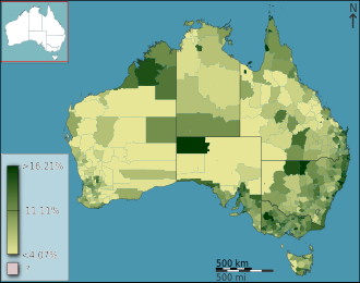 Adults employed in the health care and social assistance industry as a percentage of the adult population in Australia in the 2011 census, divided geographically by statistical local area