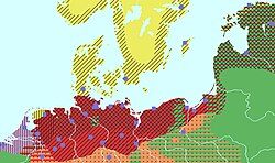 Extent of Middle Low German in red with its use as a literary language black lines tilted right