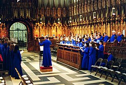 Music is an important part of cathedral services. Choir practice at York Minster, England.