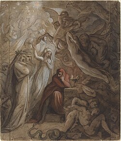 Dante Meditating on the Divine Comedy. Jean-Jacques Feuchère, 1843.