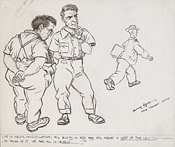 Cartoon by Arthur Szyk mocking McCarthyism; a man is under suspicion because his blood is Red and his heart is left of center.
