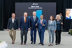 President Joe Biden tours Micron exhibits with Gov. Kathy Hochul, Sen. Kirsten Gillibrand, Micron CEO Sanjay Mehrotra and Sen. Chuck Schumer, in Syracuse.