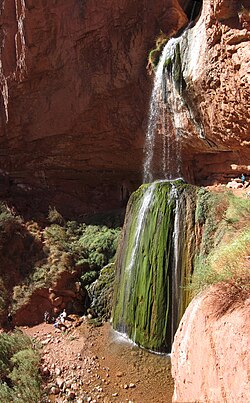 Ribbon Falls, near the North Kaibab Trail, represents ground water reaching the surface