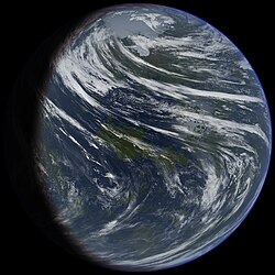 Artist's conception of a terraformed Venus. The cloud formations are depicted assuming the planet's rotation has not been accelerated.