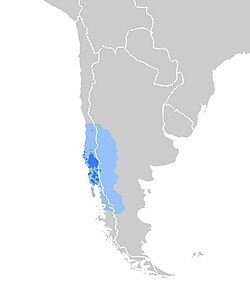 The area of South America where the Mapuche language is spoken. Dark blue areas indicate it as the majority language, light blue as a minority language