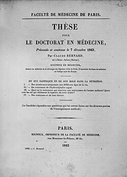 The thesis presented by Claude Bernard to obtain his doctorate of medicine (1843)
