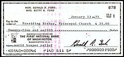 A cheque signed by Gerald Ford, showing E-13B markings