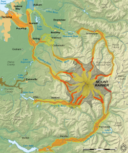 Hazard map of Mount Rainier Lava flows and pyroclastic flows Electron Mudflow-sized event (generally large in size) National Lahar-sized event (generally moderate in size) Lahars not necessarily associated with volcanism (generally small) Flooding after lahar event Potential area of inundation from failure of the Alder Dam County boundary Mount Rainier National Park boundary City