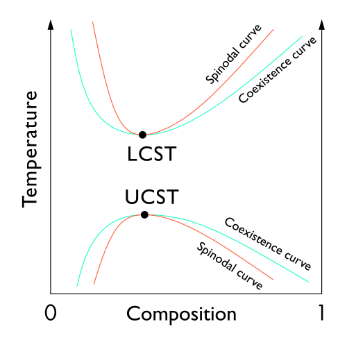 A plot of typical polymer solution phase behavior including two critical points: a LCST and an UCST