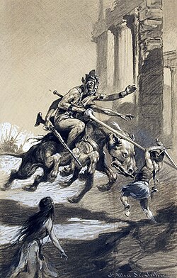 Green Martian riding a thoat, as illustrated by J. Allen St. John in first edition of Thuvia, Maid of Mars