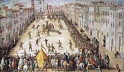 Calcio match in Piazza Santa Maria Novella, in Florence, Italy. Painting by Jan Van der Straet.
