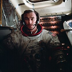 Gene Cernan with lunar dust stuck on his suit from his Apollo 17 moonwalks.[22]