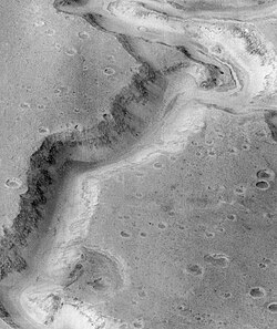 Inner channel on floor of Nanedi Valles that suggests that water flowed for a fairly long period. Image from Lunae Palus quadrangle