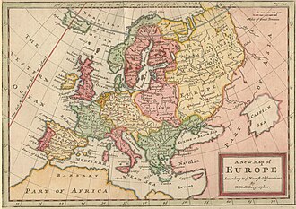 A New Map of Europe According to the Newest Observations (1721) by Hermann Moll draws the eastern boundary of Europe along the Don River flowing south-west and the Tobol, Irtysh and Ob rivers flowing north.