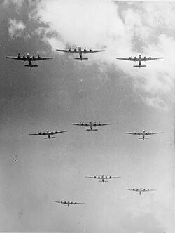 A formation of nine Avro Lincoln heavy bombers from No. 2 and No. 6 Squadrons flying over RAAF Base Amberley in 1953