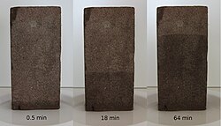 Capillary water flow up a 225 mm-high porous brick after it was placed in a shallow tray of water. The time elapsed after first contact with water is indicated. From the weight increase, the estimated porosity is 25%.