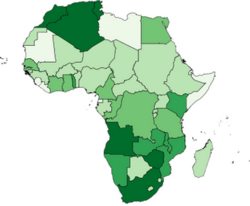 Geographic distribution of Europeans and their descendants on the African continent in 1962:[50] Over 100,000