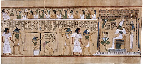 Judgment scene from the Book of the Dead. In the three scenes from the Book of the Dead (version from ~1375 BC) the dead man (Hunefer) is taken into the judgement hall by the jackal-headed Anubis. The next scene is the weighing of his heart against the feather of Maat, with Ammit waiting the result, and Thoth recording. Next, the triumphant Hunefer, having passed the test, is presented by the falcon-headed Horus to Osiris, seated in his shrine with Isis and Nephthys. (British Museum)