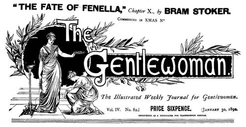 The Gentlewoman dated January 30, 1892, advertised Bram Stoker's contribution to an unusual novel, The Fate of Fenella