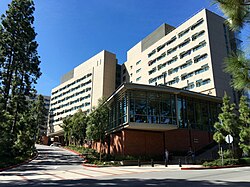 Sproul Landing dorms above B-plate dining hall at Charles E Young and De Neve Drive