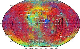 Landing sites of sample return and rover missions superimposed on lithology (Clementine UVVIS). Red: old lunar highlands. Blue: young lunar highlands. Yellow: lunar maria (high titanium). Cyan: lunar maria (low titanium)