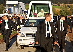 Benedict in his Mercedes-Benz-M-Class popemobile in the Marian pilgrimage site of Etzelsbach, 2011