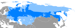 Areas where Russian is the majority language (dark blue) or a minority language (light blue)