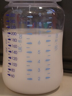 A baby bottle that measures in three measurement systems—metric, imperial (UK), and US customary