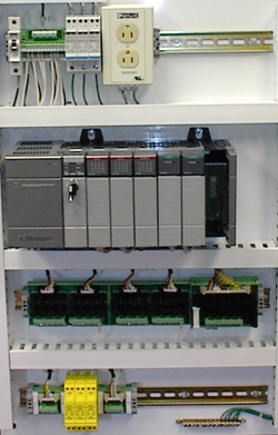 Control panel with PLC (gray elements in the center). The unit consists of separate elements, from left to right: power supply, controller, relay units for input and output.