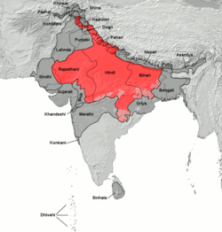 The Hindi Belt (red) is a linguistic region in India where Hindustani (based on Dehlavi) serves as the lingua franca.