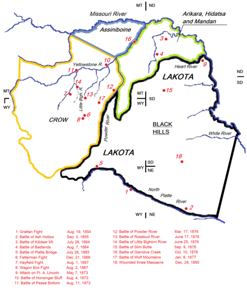 Map indicating the battlefields of the Lakota wars (1854–1890) and the Lakota Indian territory as described in the Treaty of Fort Laramie (1851). The Battle of the Little Bighorn is #14.
