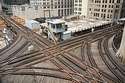 The northwest corner of the CTA Loop, which was once the busiest railroad junction in the world.