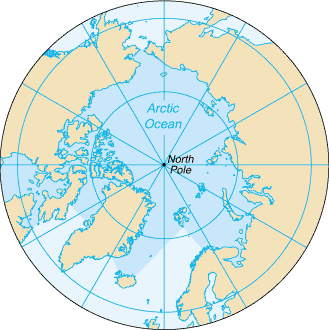 The Arctic Ocean, with borders as delineated by the International Hydrographic Organization (IHO), including Hudson Bay (some of which is south of 57°N latitude, off the map) and all other marginal seas.