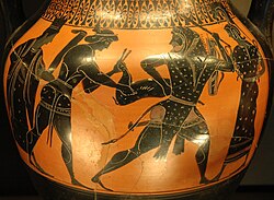 Artemis (left) and Apollo try to get the Ceryneian Hind from Heracles. Detail of an Attic black-figure amphora c. 530–520 BCE. Louvre, Paris